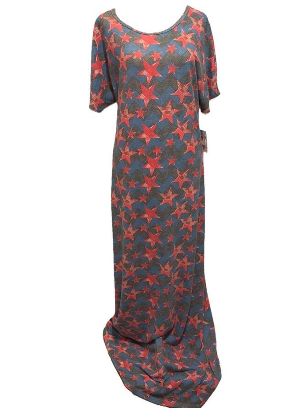 NWT LuLaRoe Lg Maria Maxi Dress Red White Blue Gray Patriotic Print Size W 14-16